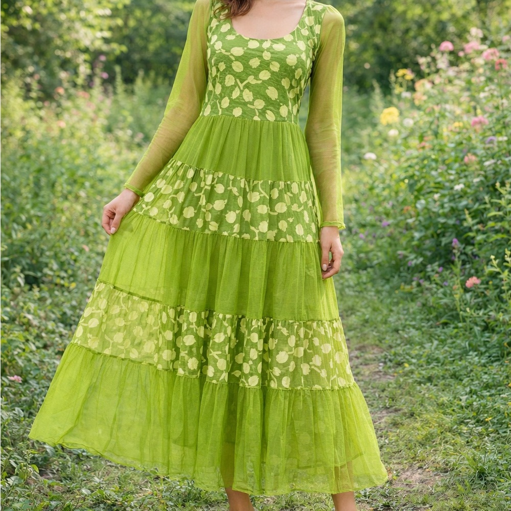 🍃 Fairycore Green Mesh Floral Midi Dress